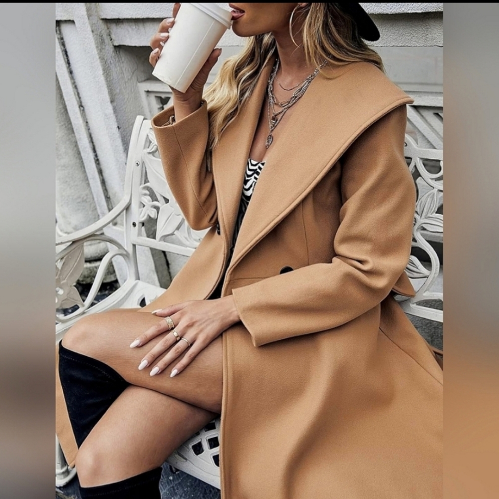 New Chic Flared Hem Button Shawl Collar Tie Trench Jacket Coat Camel - Picture 6 of 6
